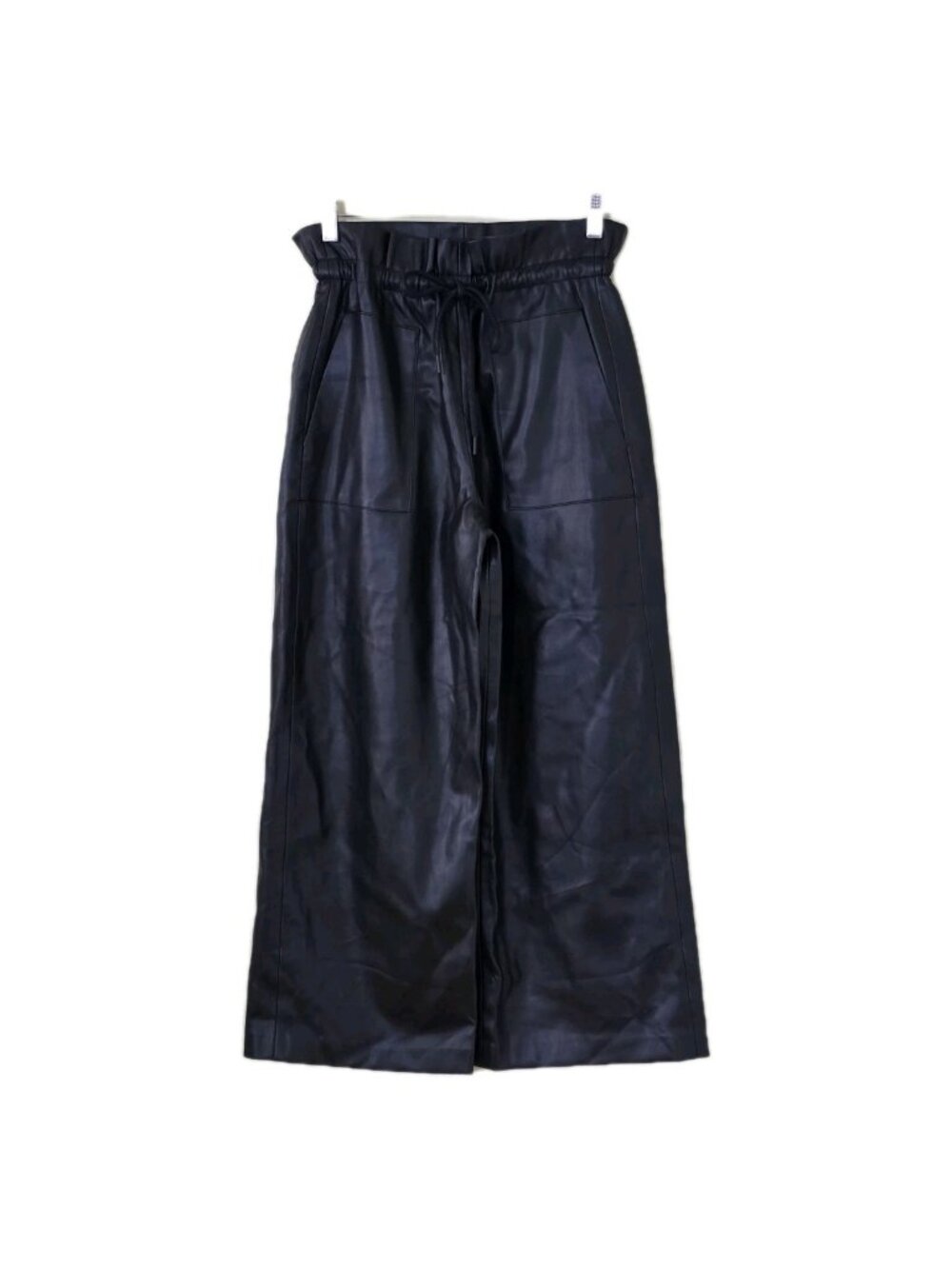 Zara Cropped Faux Leather Pants Women XS Black Wide Leg Paperbag Waist Grunge